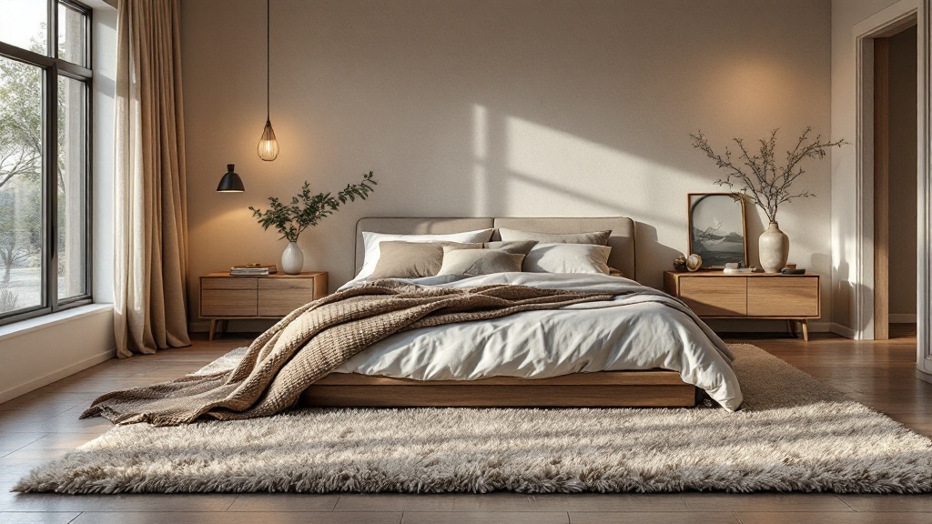 Schlafzimmer mit großem Wollteppich unter dem Bett