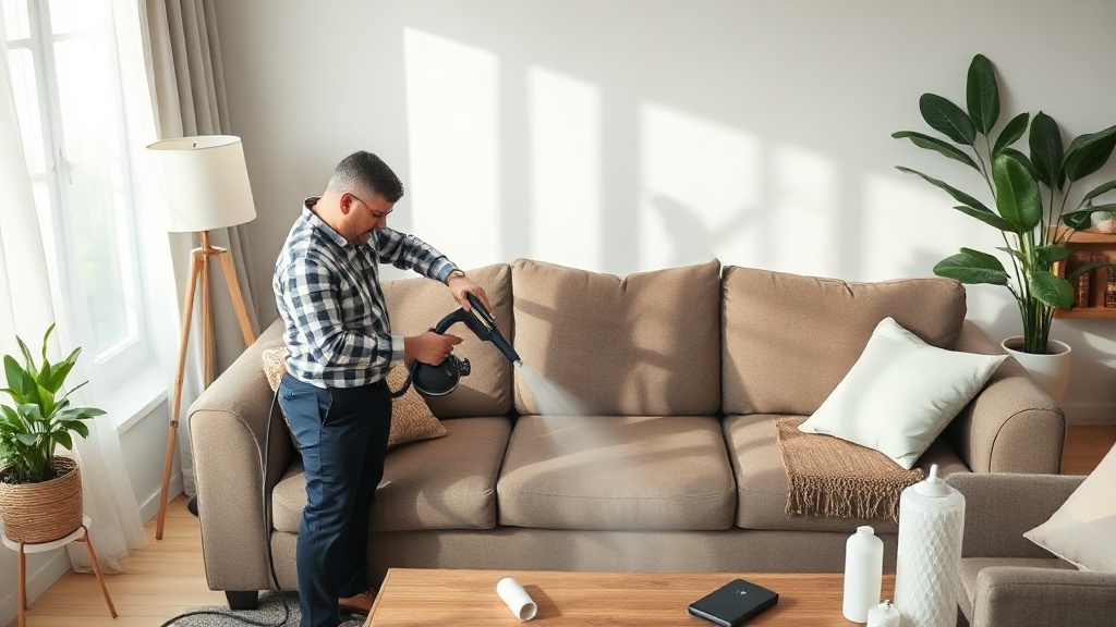 Mann reinigt Couch mit Dampfreiniger im Wohnzimmer