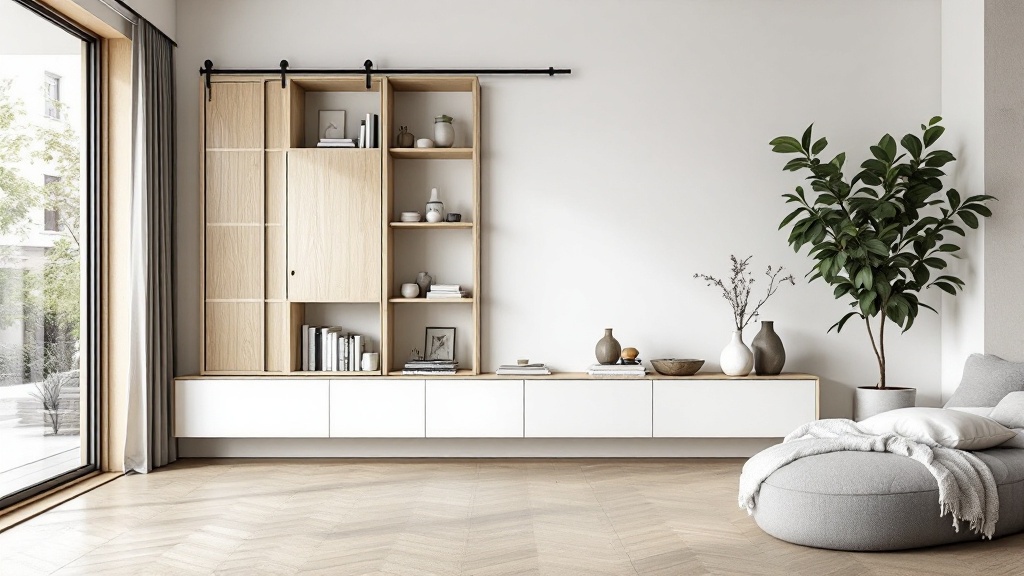 Regal mit Schiebetüren im Wohnzimmer, moderne Einrichtung