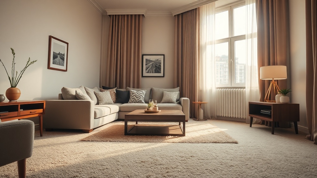 Wohnzimmer mit dickem Teppich und schweren Vorhängen zur Reduktion von Hall und Geräuschen