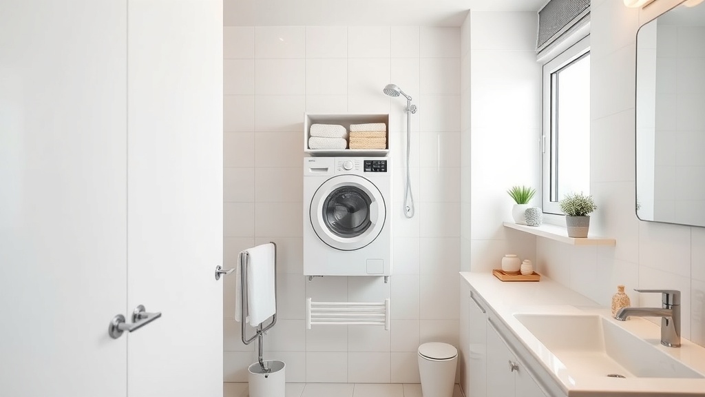 Kleines modernes Badezimmer mit klappbarem Wandtrockner in Weiß und klarer Ordnung neben dem Waschplatz