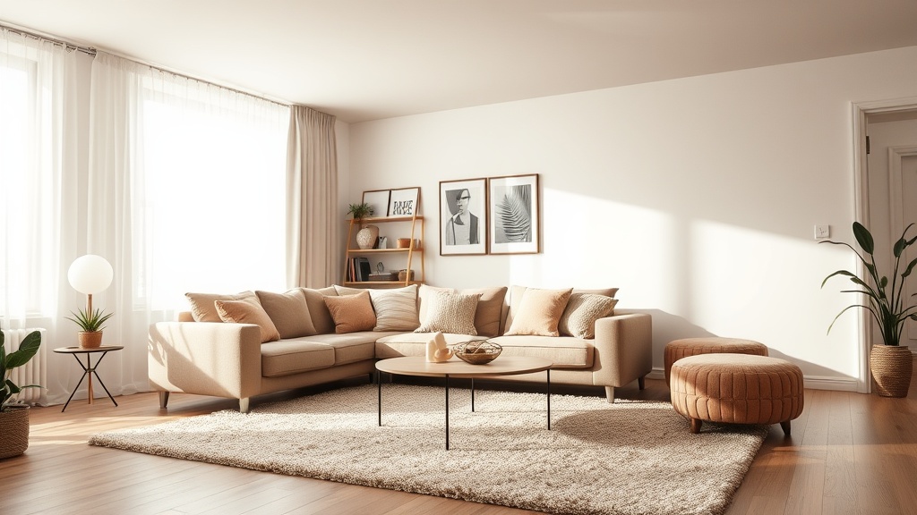 Helles Wohnzimmer mit Sofa und großem Teppich, der die Sitzgruppe klar zoniert