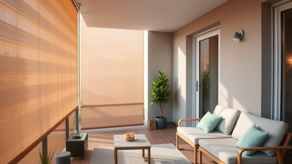 Heller, moderner Balkon mit beigem Sichtschutzgewebe am Geländer und kompaktem Sitzbereich