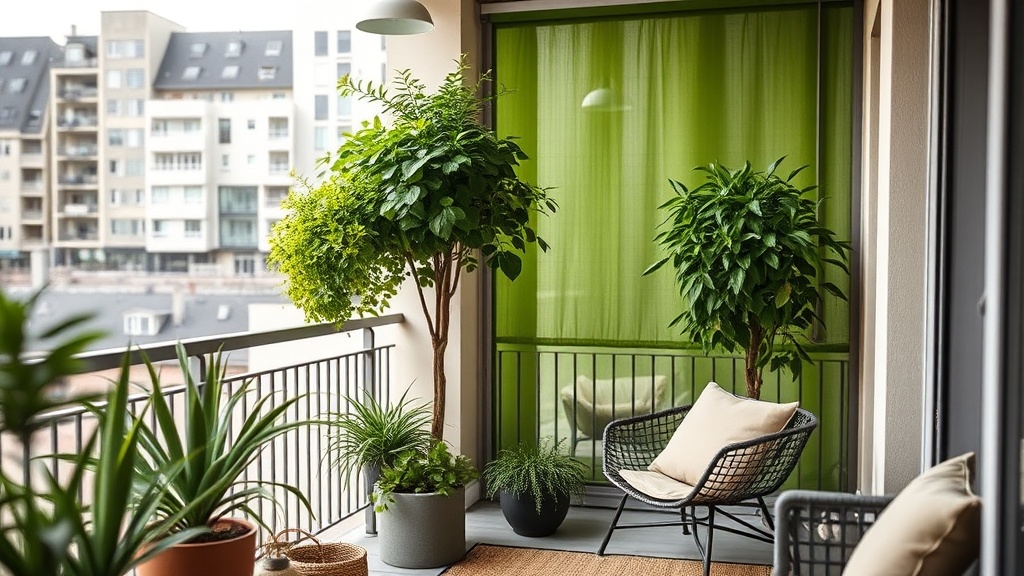 Balkon-Ecke mit hohen Pflanzkübeln und Rankgitter als grüne Sichtschutzwand