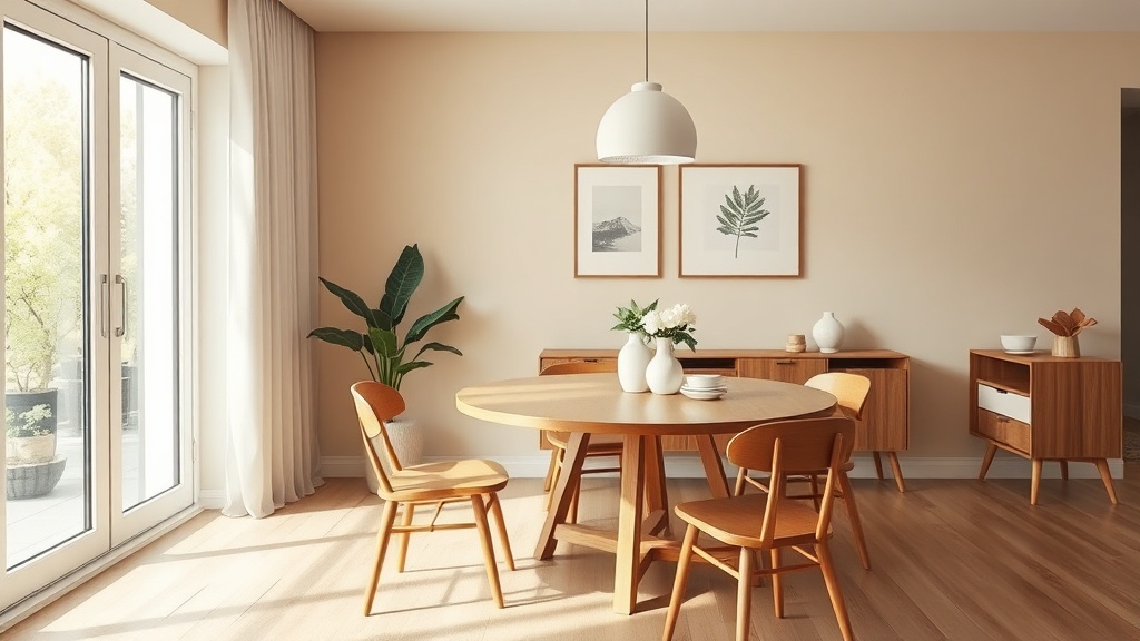 Helles skandinavisches Esszimmer mit rundem Holztisch, schlichten Stühlen und beige Wandakzent