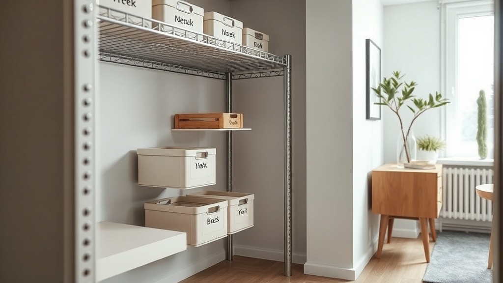 Aufgeräumter Keller mit Metallregal, beschrifteten Boxen und klarer Ganglinie für schnellen Zugriff