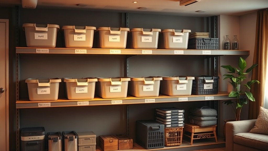 Regalwand im Keller mit beschrifteten Kunststoffboxen, Zonenaufteilung und guter Beleuchtung