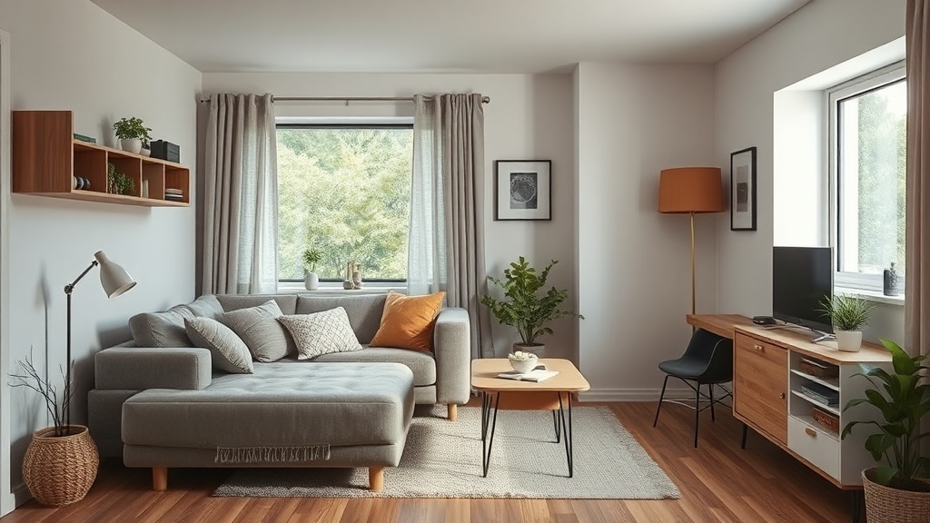 Multifunktionales Gästezimmer mit Schlafsofa, kleinem Arbeitsplatz und ruhigen Naturtönen auf kleinem Grundriss