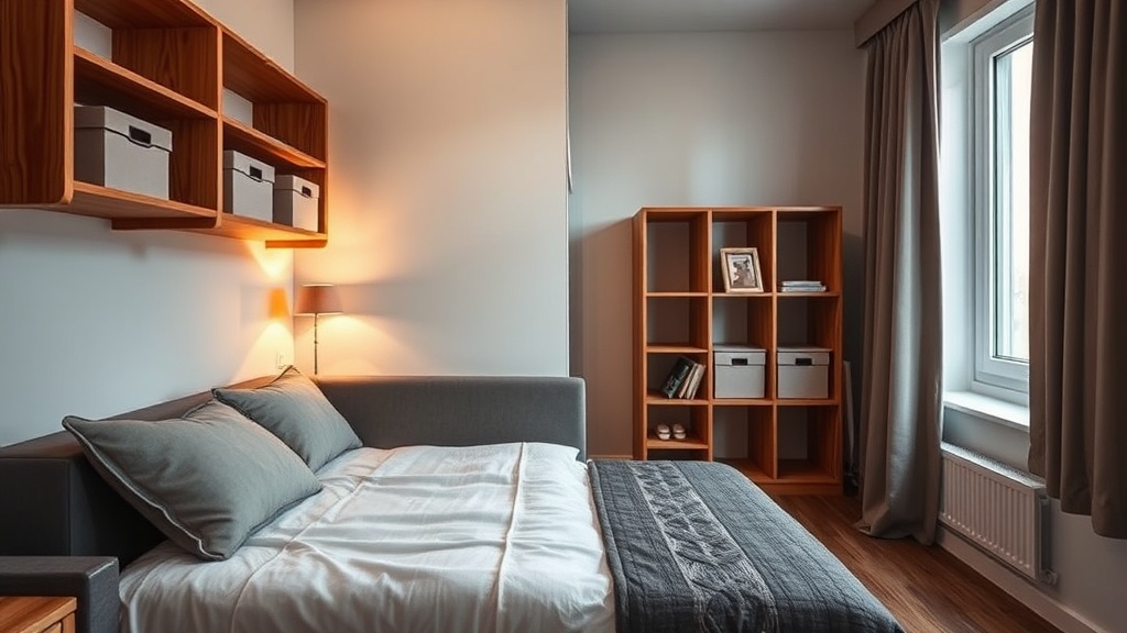 Detailansicht von Stauraumlösungen mit Boxen, Regal und Leselicht in einem kompakten Gästezimmer