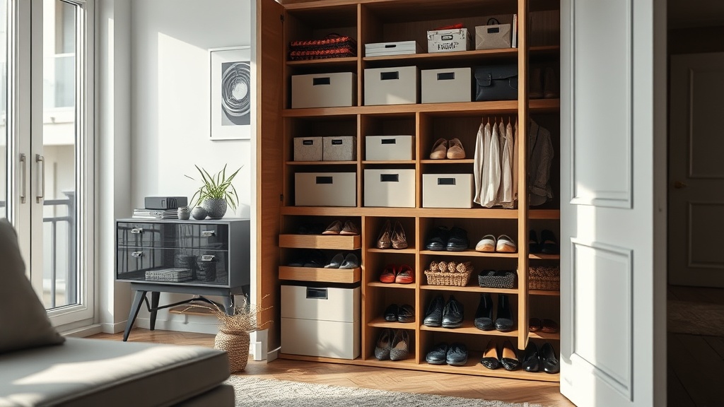 Auszüge und Schubladen in einem Treppenunterschrank mit geordneten Boxen und Schuhen