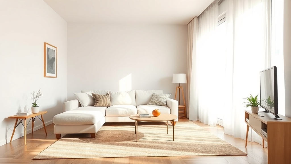 Kleines Wohnzimmer mit hellem Sofa, großem Teppich und deckenhohen Vorhängen für mehr Raumwirkung