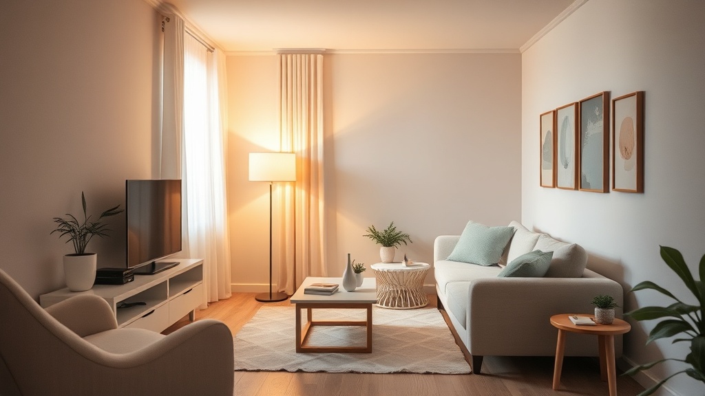 Wohnzimmer mit warmem Zonenlicht durch Stehleuchte und indirektem Licht für mehr Tiefe