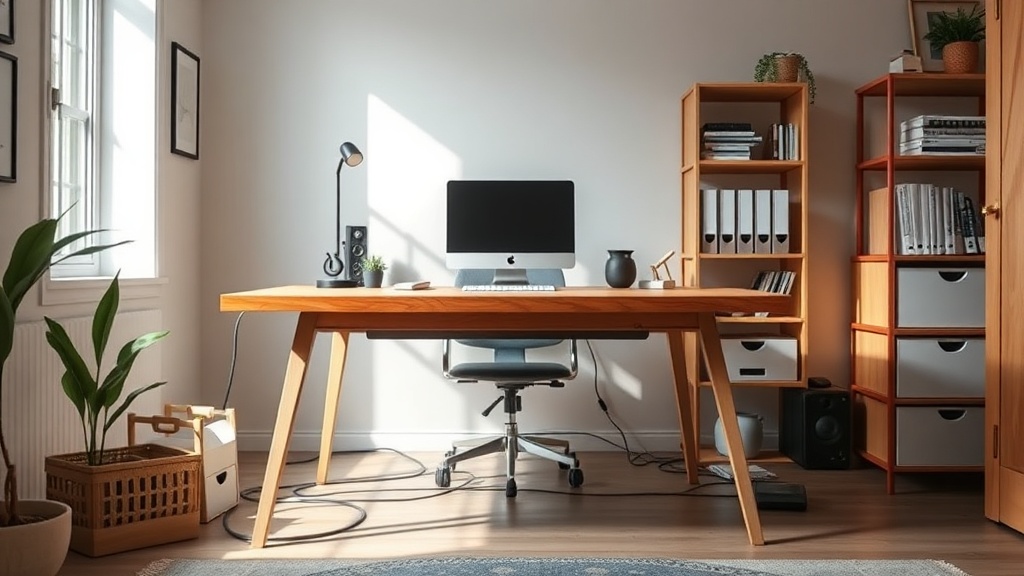 Aufgeräumtes Home Office mit versteckter Steckdosenleiste und Kabelkanal unter dem Schreibtisch in hellen Naturtönen