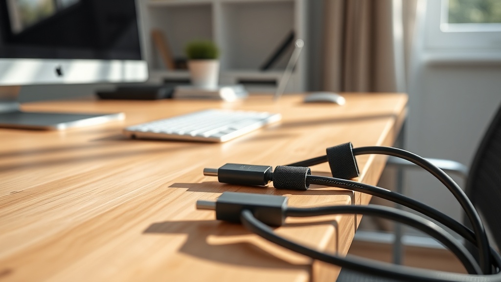 Detailansicht von Kabelclips und Klettbindern am Schreibtischbein für saubere, flexible Kabelführung