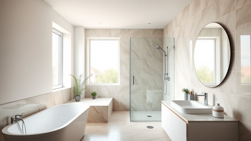 Moderne Walk-in-Dusche mit langer Glaswand und heller Fliese, die den Spritzbereich klar abgrenzt