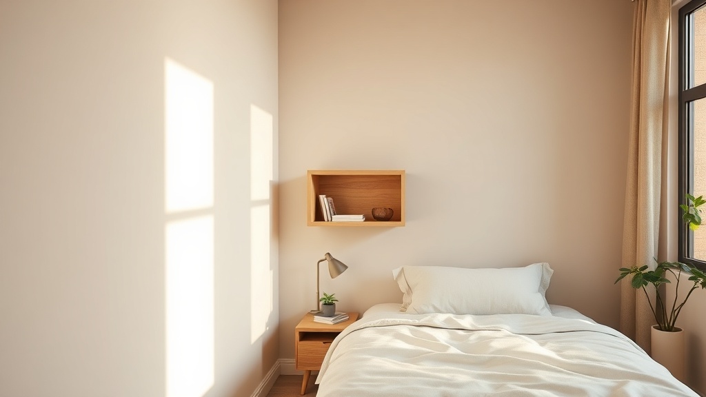 Kleines Schlafzimmer mit hellem Holz, Wandboards als Nachttisch und ruhiger, beiger Farbpalette