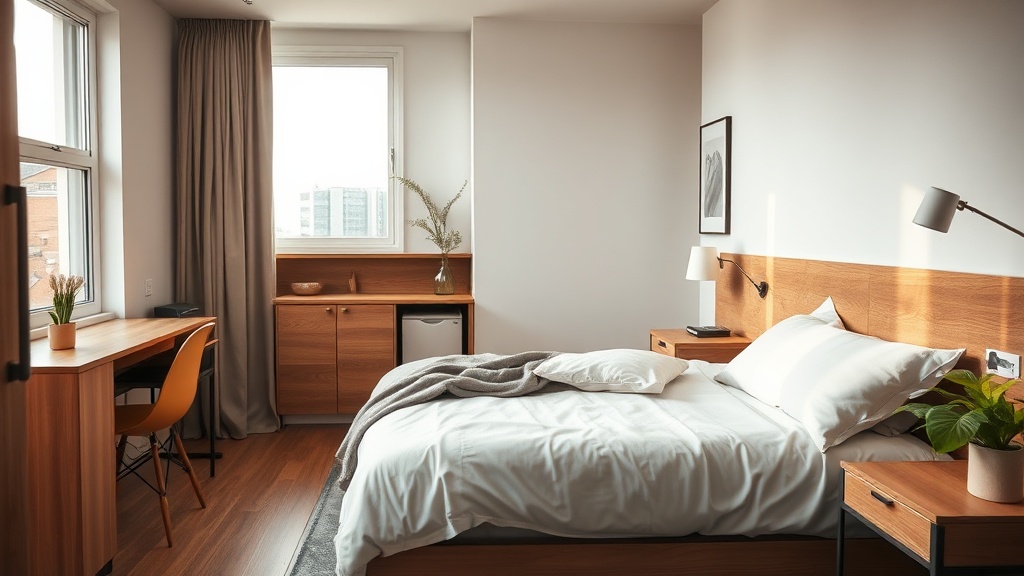 Schlafzimmer-Ecke mit Bett und integrierter Unterbett-Aufbewahrung, ordentlich und aufgeräumt
