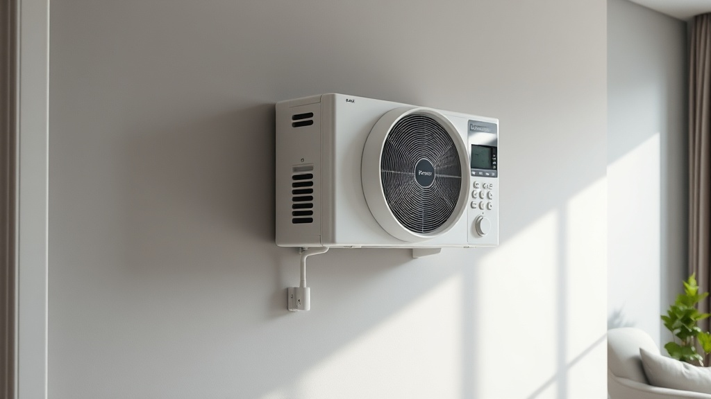 Außengerät einer Wärmepumpe an moderner Hauswand mit entkoppeltem Sockel in neutralen Grautönen