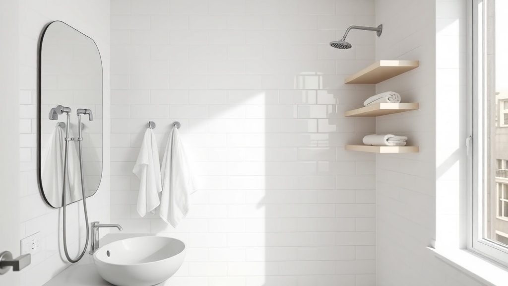 Badezimmer mit Handtuchhaken und Ablagen auf Fliesen, minimalistisch und ordentlich
