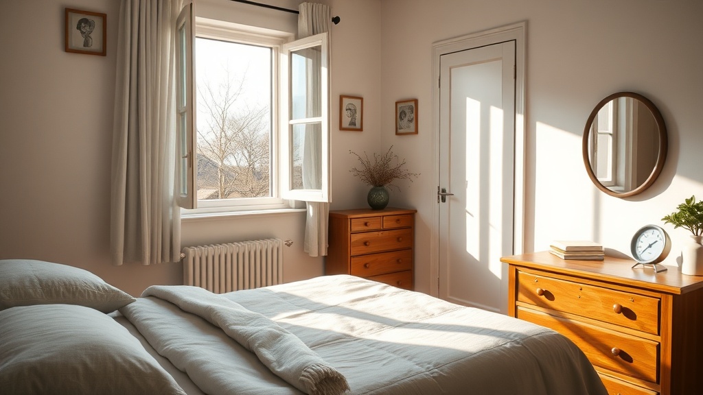 Helles Schlafzimmer mit geöffnetem Fenster, Hygrometer auf Kommode zeigt Luftfeuchte