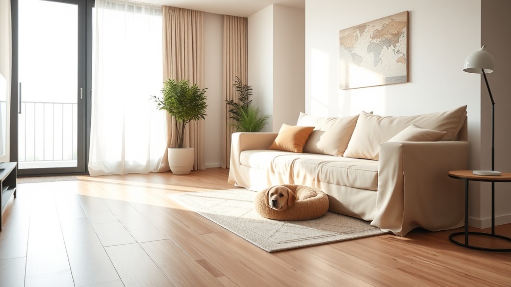 Helles, modernes Wohnzimmer mit pflegeleichtem Boden, Sofa mit Überdecke und Tierzone mit Matte
