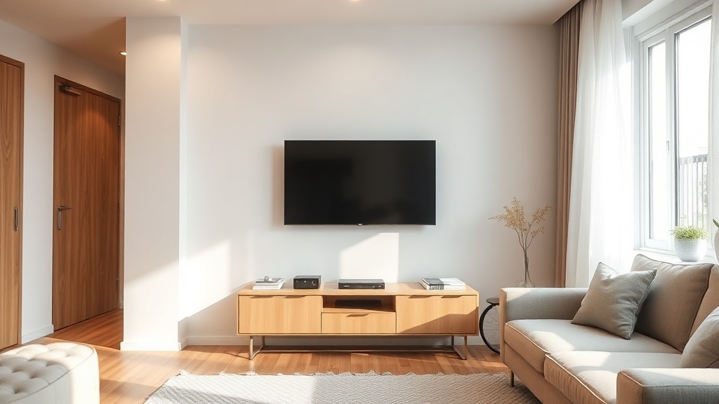 Wohnzimmer mit indirektem Wandfluter-Licht, helle Wand und ruhige Lichtstimmung in Beige und Weiß