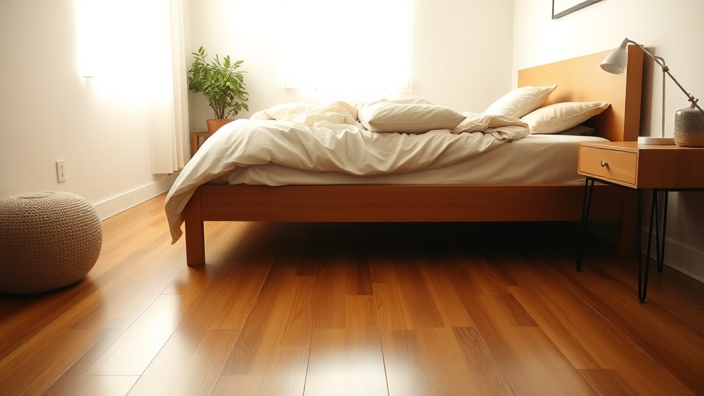 Ruhiges Schlafzimmer mit schlichtem Holzbettrahmen, neutralen Textilien und sauberem Boden ohne sichtbare Kabel