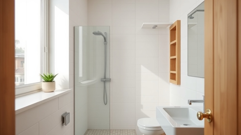 Kleines modernes Badezimmer mit Trocken-Zone, schmalem Stauraumregal und klarer Glasabtrennung in Weiß