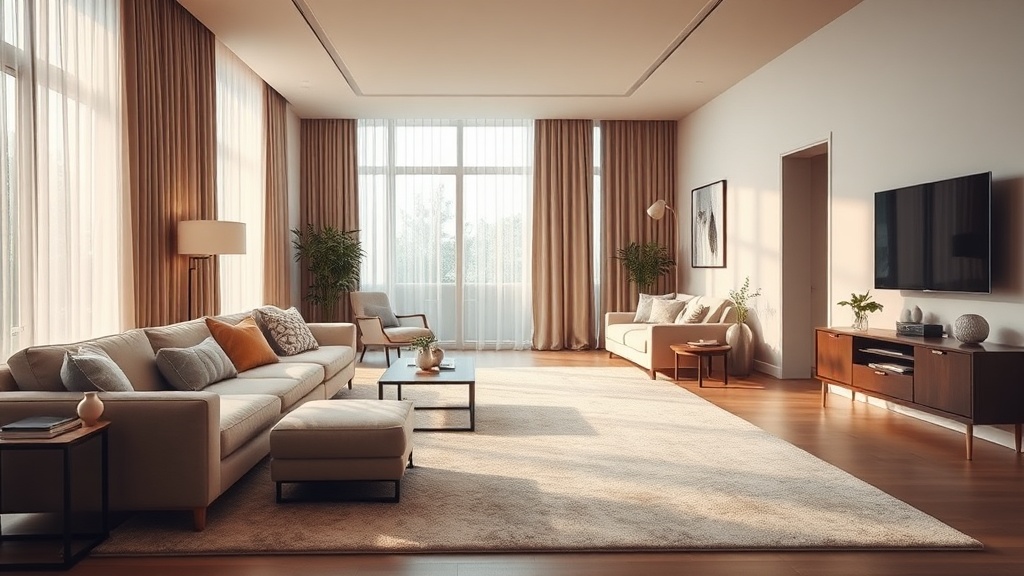 Modernes Wohnzimmer mit großem Teppich, schweren Vorhängen und ruhiger Farbpalette zur Hallreduktion