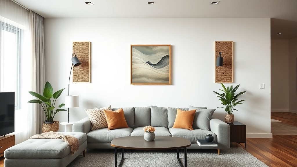 Akustikpaneele und Wandbilder über einem Sofa, sinnvoll verteilt für bessere Sprachverständlichkeit
