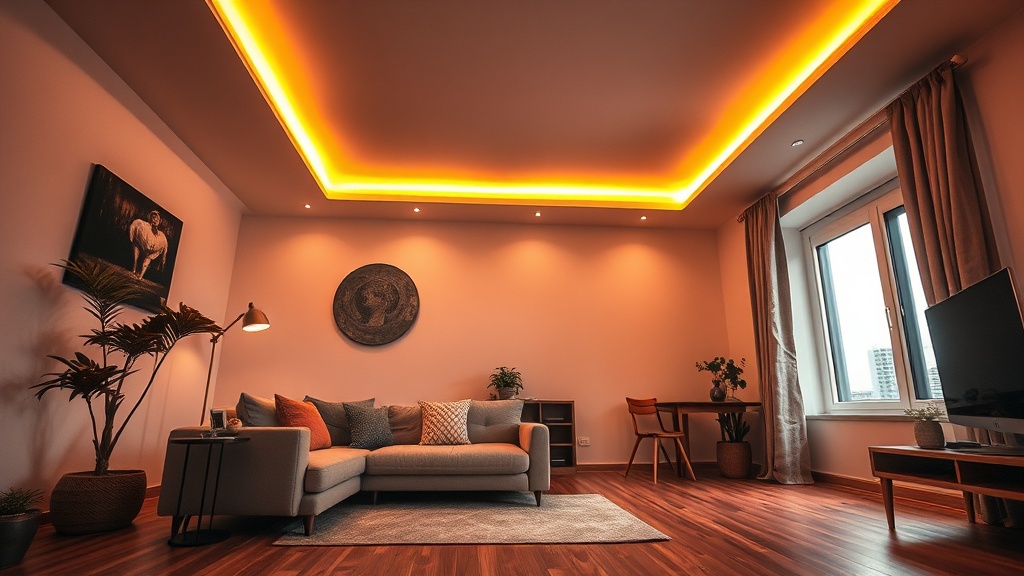 LED-Strip als indirekte Lichtlinie nahe der Decke, warmes Licht für gemütliche Abendstimmung
