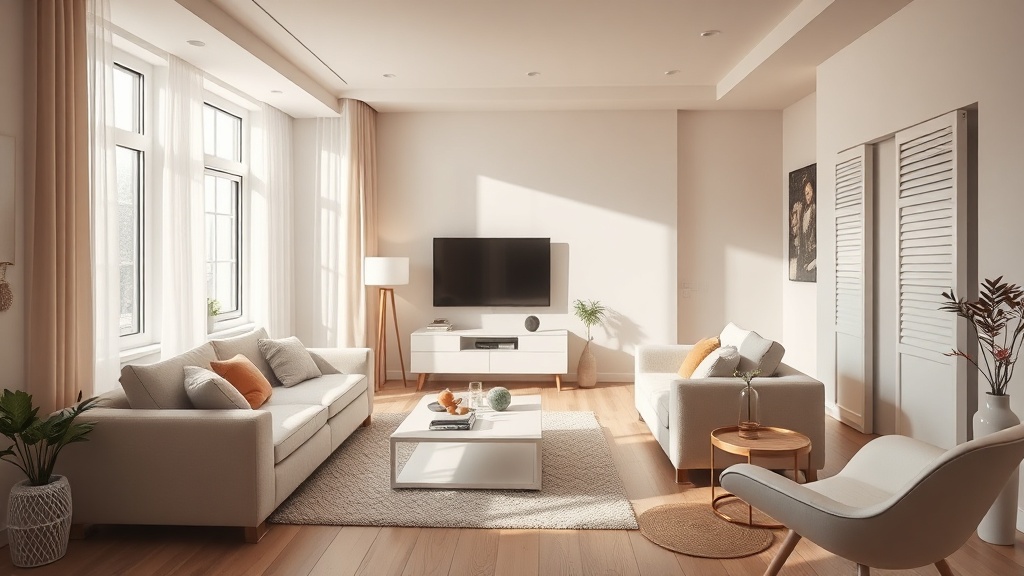 Modernes Wohnzimmer mit heller Wandfläche und dezent integrierter Wandheizung, neutrale Beige- und Weißtöne