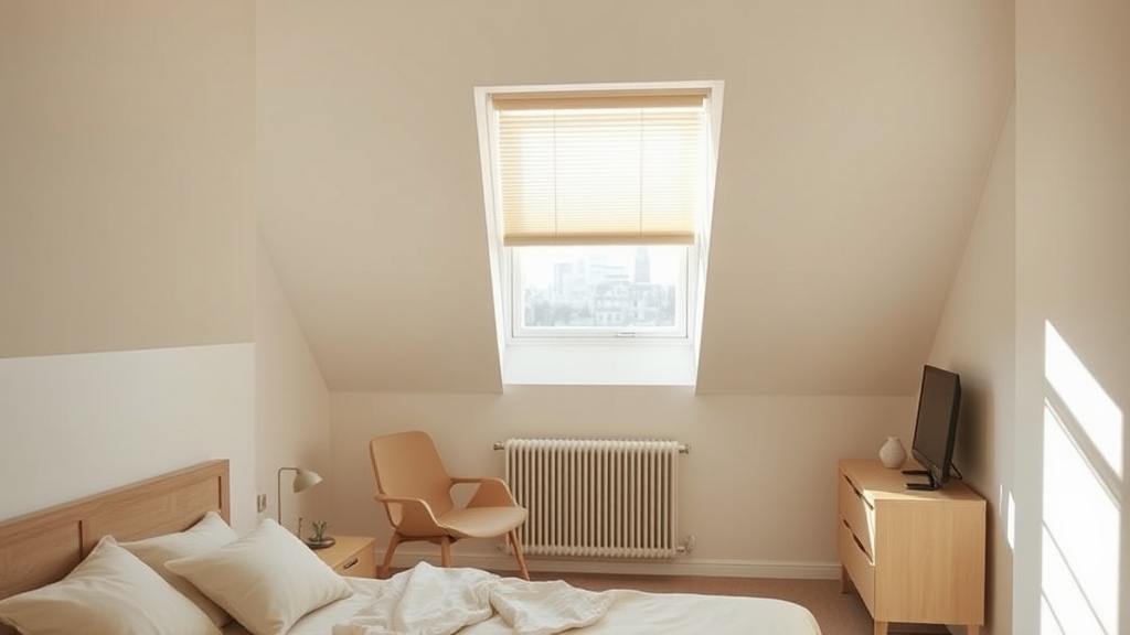 Dachwohnungs-Schlafzimmer mit hellem Wabenplissee am Dachfenster, ruhige beige Töne und reduziertes Mobiliar