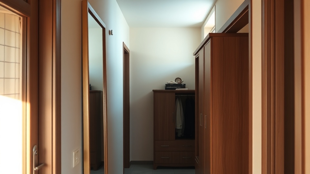 Schmaler Flur mit hochformatigem Wandspiegel, heller Wandfarbe und aufgeräumter Garderobe