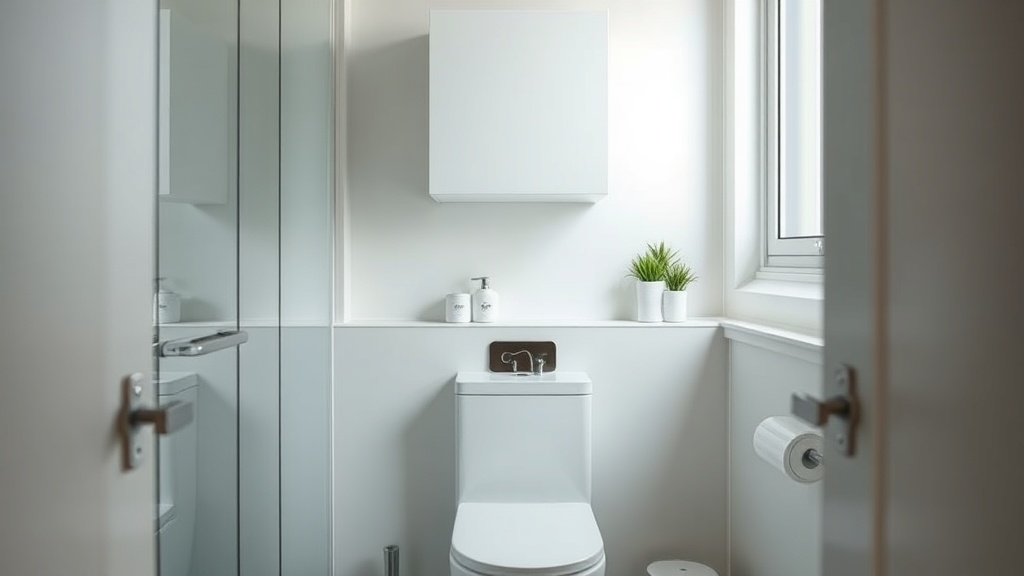 Kleines modernes Bad mit wandhängendem Hängeschrank in Weiß über dem WC, klare Linien und ruhige Optik