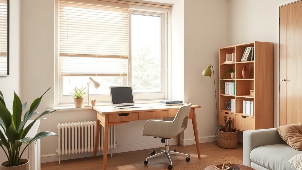 Kompakter Home-Office-Arbeitsplatz am Fenster mit hellem Holzschreibtisch, Plissee und neutralen Beige-Tönen