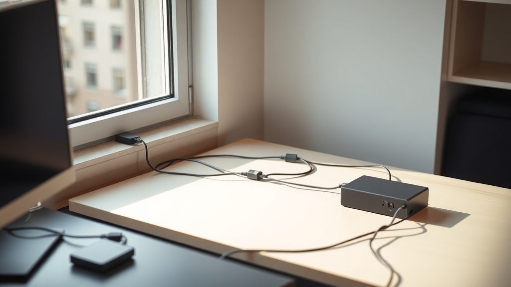 Ordentliches Kabelmanagement unter einem Schreibtisch mit Mehrfachsteckdose, Kabelkanal und Netzteilbox