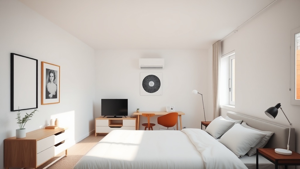 Modernes Schlafzimmer mit dezentralem Wandlüfter nahe dem Fenster, ruhige helle Wand und reduzierte Einrichtung