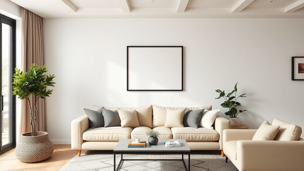Wohnzimmer mit geplanter Bilderwand im Raster über einem beigen Sofa, schwarze Rahmen mit einheitlichen Abständen