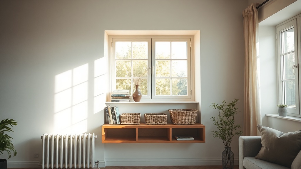Offenes Nischenregal unter einem Fenster neben einem Heizkörper mit Körben und Büchern, luftige Konstruktion