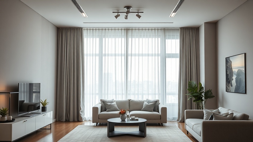 Modernes Wohnzimmer mit raumhohen Vorhängen an Deckenschiene, helle neutrale Stoffe und ruhige Fensterfront