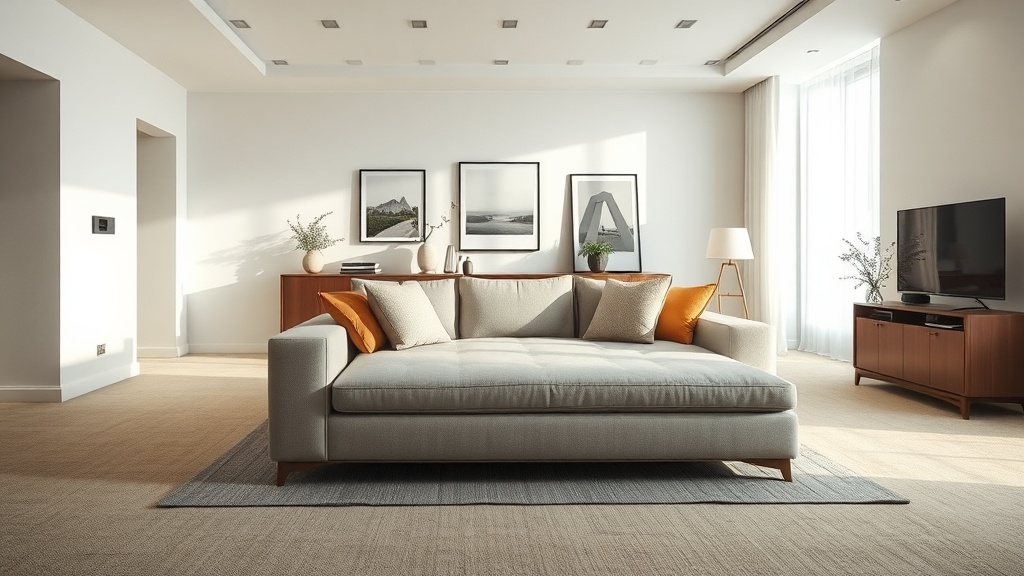Modernes Wohnzimmer mit frei stehender Sofa-Insel, Konsole dahinter und beigem Teppich für klare Laufwege