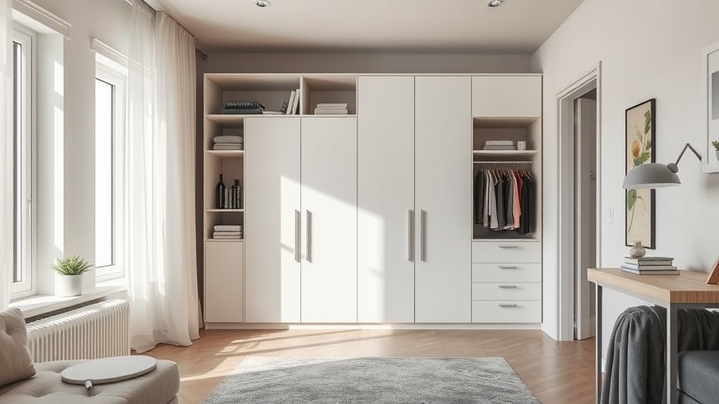Schmaler Flur mit modernem, weißem Kipp-Schuhschrank und freiem Laufweg