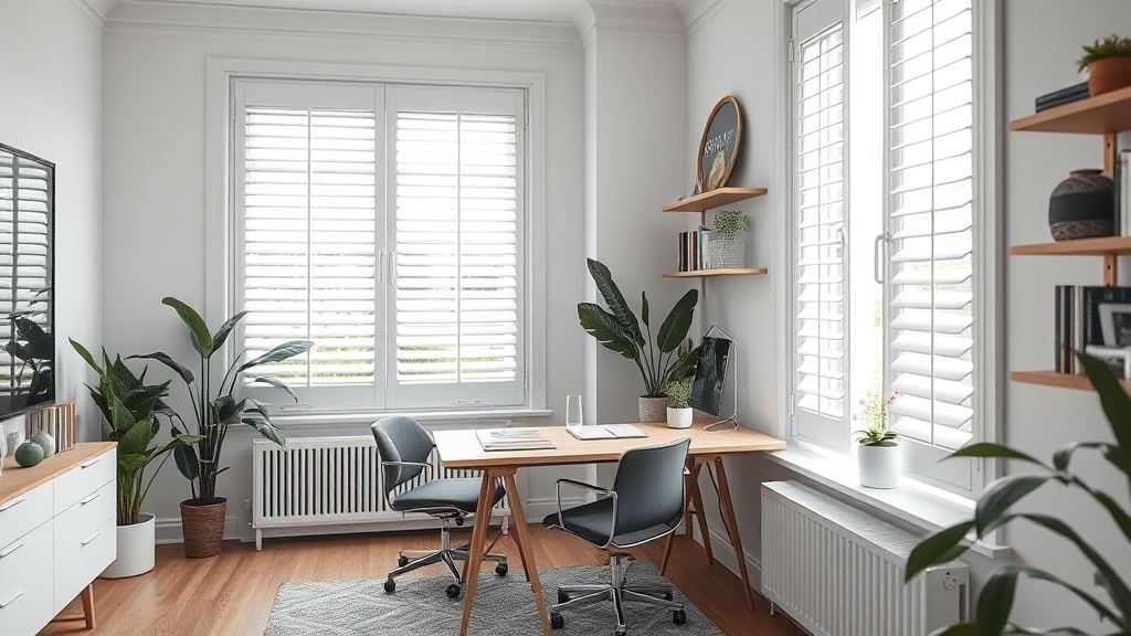 Weiße Innenjalousie am Dreh-Kipp-Fenster im modernen Home Office, Lamellen leicht geöffnet für blendfreies Licht