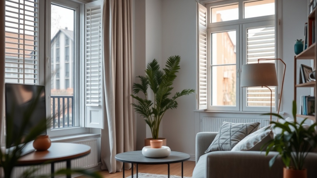Detail einer Klemmträger-Montage am Fensterflügel mit sauber ausgerichteter Jalousie und Seitenführung