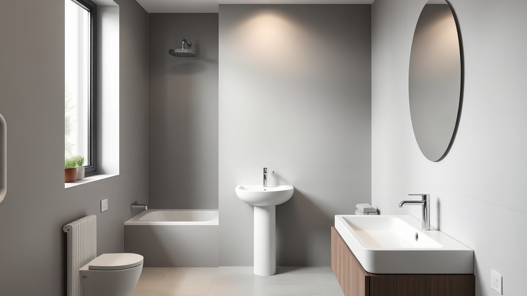 Modernes Badezimmer mit hellgrauer Wand, seidenmatter Oberfläche und klaren Linien nahe Waschbecken