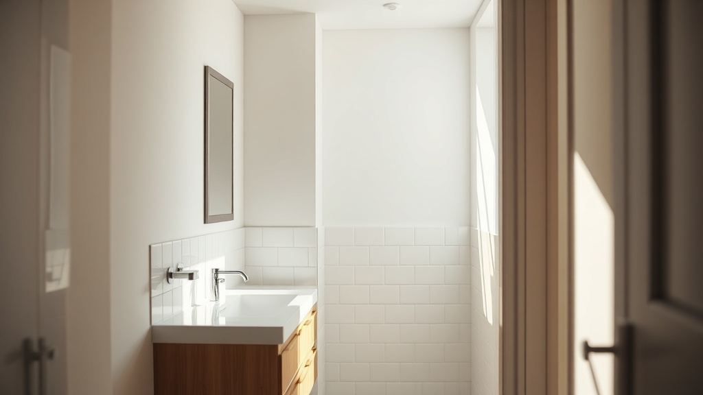 Detail einer gestrichenen Badwand mit Malerrolle und sauber abgeklemmter Kante an Fliesen