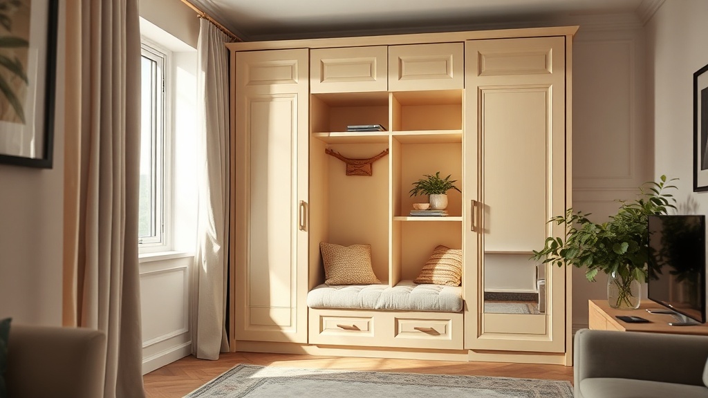 Schmale Flurgarderobe mit Sitzbank, Hakenleiste und Spiegeltür in hellem Beige